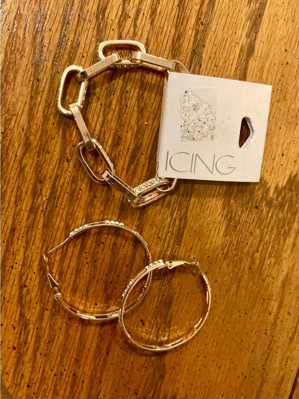 Icing Chain Link Bracelet & Hoop Earrings  with Rhinestone -Trim- Gold tone